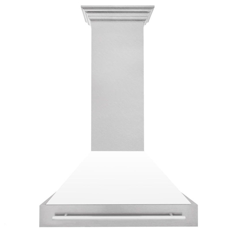ZLINE 36 in. Satin Stainless Steel Wall Mount Range Hood with White Matte Shell and Stainless Steel Handle (8654SNX-WM-36) front.