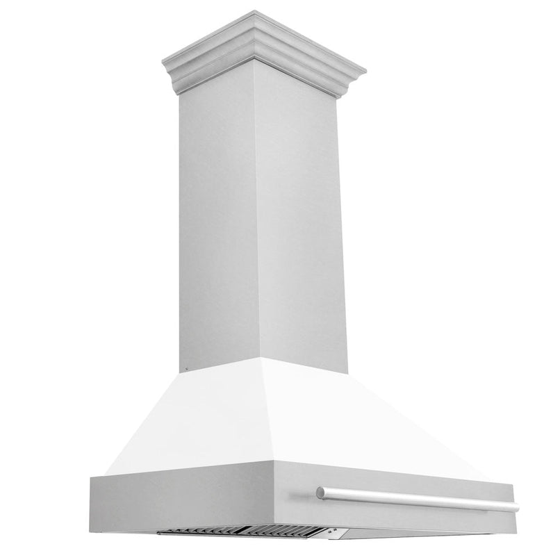 ZLINE 36 in. Satin Stainless Steel Wall Mount Range Hood with White Matte Shell and Stainless Steel Handle (8654SNX-WM-36)