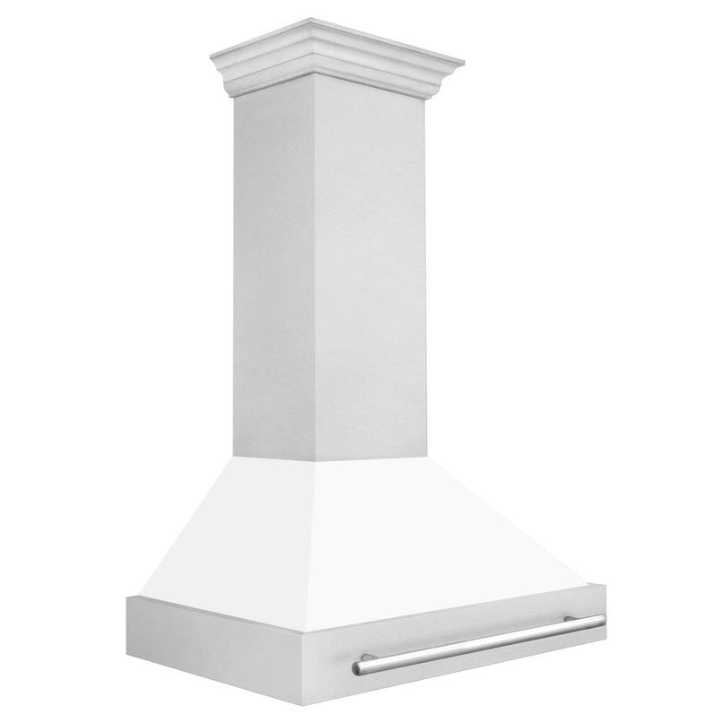 ZLINE 36 in. Satin Stainless Steel Wall Mount Range Hood with White Matte Shell and Stainless Steel Handle (8654SNX-WM-36) side.