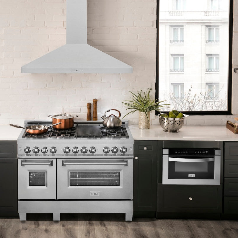 ZLINE 48 in. Ducted Wall Mount Range Hood in Satin Stainless Steel (8KF2S-48) in a luxury kitchen.