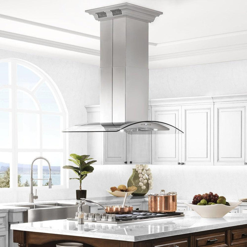 ZLINE 36 in. CrownSound™ Ducted Vent Island Mount Range Hood in Stainless Steel and Glass with Built-in Bluetooth Speakers (GL5iCRN-BT-36) in a luxury kitchen.