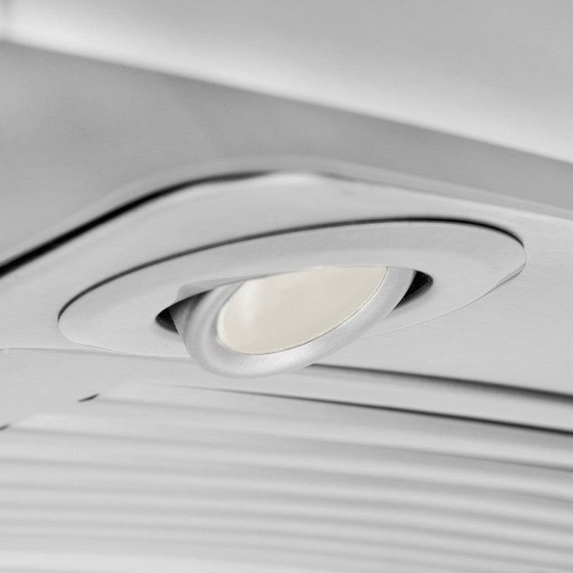 ZLINE 36 in. CrownSound™ Ducted Vent Island Mount Range Hood in Stainless Steel with Built-in Bluetooth Speakers (GL9iCRN-BT-36) built-in lighting.