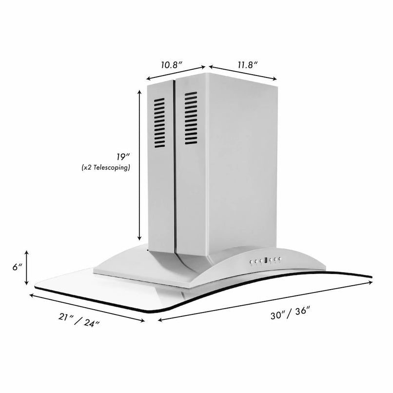 ZLINE 36 in. Convertible Vent Island Mount Range Hood in Stainless Steel and Glass (GL9i-36) dimensional diagram.