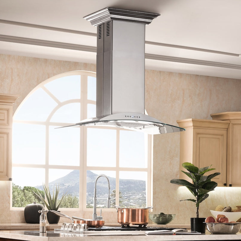 ZLINE 36 in. Convertible Vent Island Mount Range Hood in Stainless Steel and Glass (GL9i-36) in a luxury kitchen.