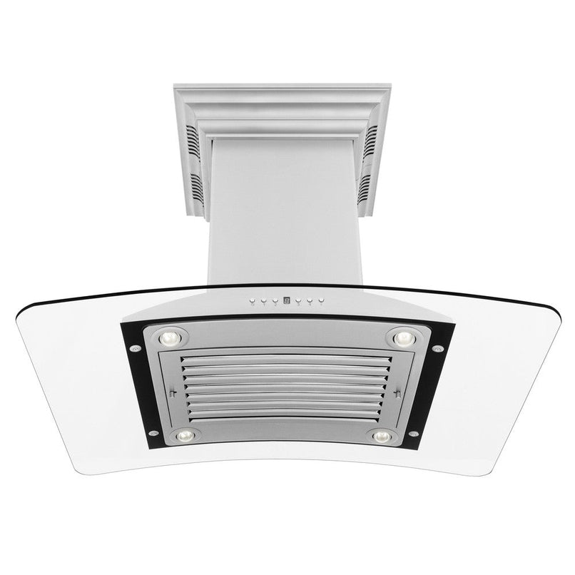 ZLINE 30 in. CrownSound™ Ducted Vent Island Mount Range Hood in Stainless Steel and Glass with Built-in Bluetooth Speakers (GL9iCRN-BT-30) under.