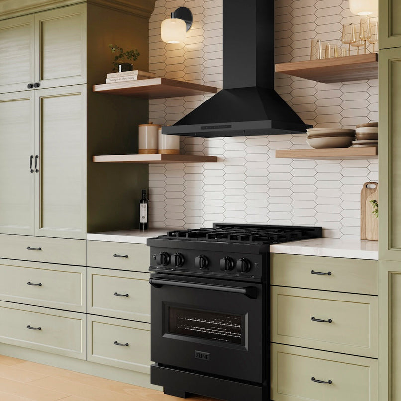 ZLINE 30 in. Convertible Vent Wall Mount Range Hood in Black Stainless Steel (BSKBN-30) in a luxury kitchen.