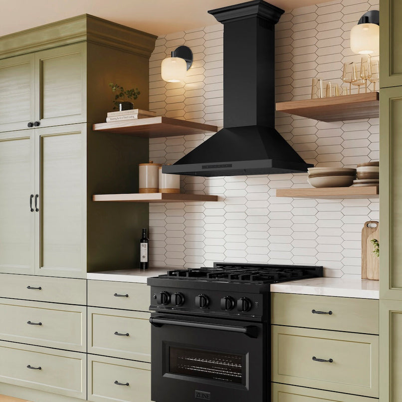 ZLINE 30 in. Convertible Vent Wall Mount Range Hood in Black Stainless Steel with Crown Molding (BSKBNCRN-30) in a luxury kitchen.