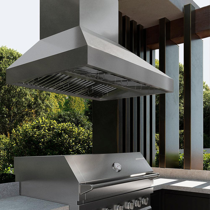 ZLINE 48 in. Island Mount Outdoor Grill Hood (GOi1-48) in a luxury outdoor kitchen.