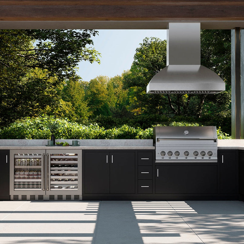 ZLINE 48 in. Island Mount Outdoor Grill Hood (GOi2-48) in a luxury outdoor kitchen.