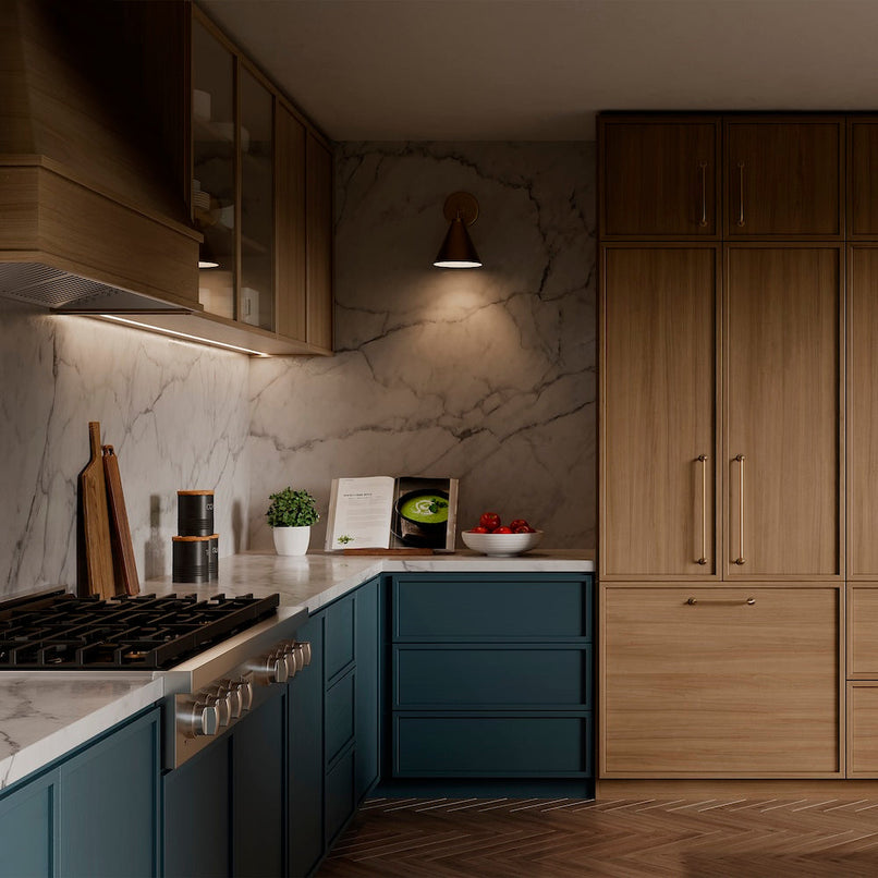 ZLINE 46 in. Ducted Wall Mount Range Hood Insert in Stainless Steel (695-46) in a luxury kitchen.