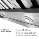 Outdoor Grill Hood Infographic. Text: Powerful LED lighting. Easily illuminate outdoor cooking surfaces any time, day or night, thanks to 4 energy-efficient multi-directional LED lights.