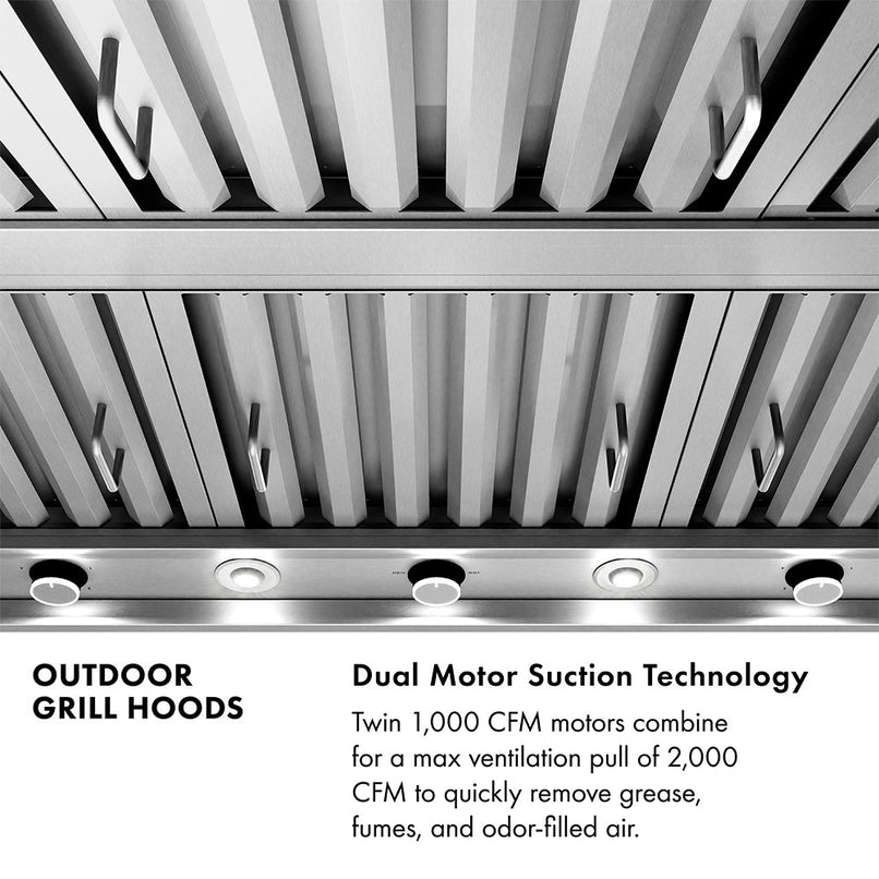 Outdoor Grill Hood Infographic. Text: Dual Motor Suction Technology. Twin 1,000 CFM motors combine for a max ventilation pull of 2,000 CFM to quickly remove grease, fumes, and odor-filled air.