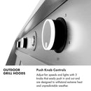Outdoor Grill Hood Infographic. Text: Push Knob Controls. Adjust fan speeds and lights with 3 knobs that easily push in and out and are designed to withstand extreme heat and unpredictable weather.