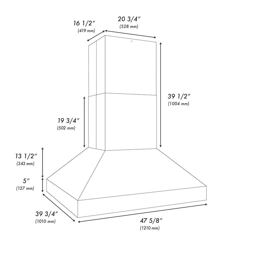 ZLINE 48 in. Island Mount Outdoor Grill Hood (GOi1-48) dimensional diagram.