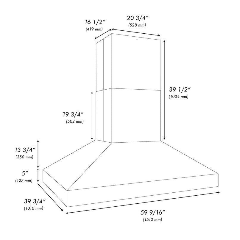 ZLINE 60 in. Island Mount Outdoor Grill Hood (GOi1-60) dimensional diagram.