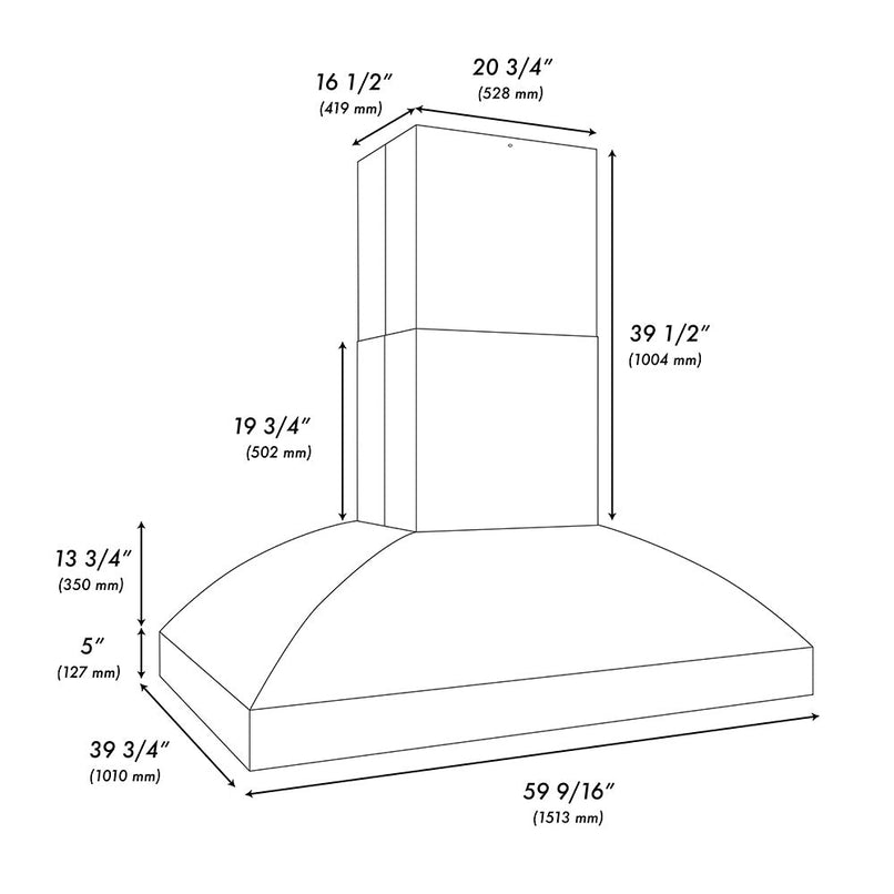 ZLINE 60 in. Island Mount Outdoor Grill Hood (GOi2-60) dimensional diagram.