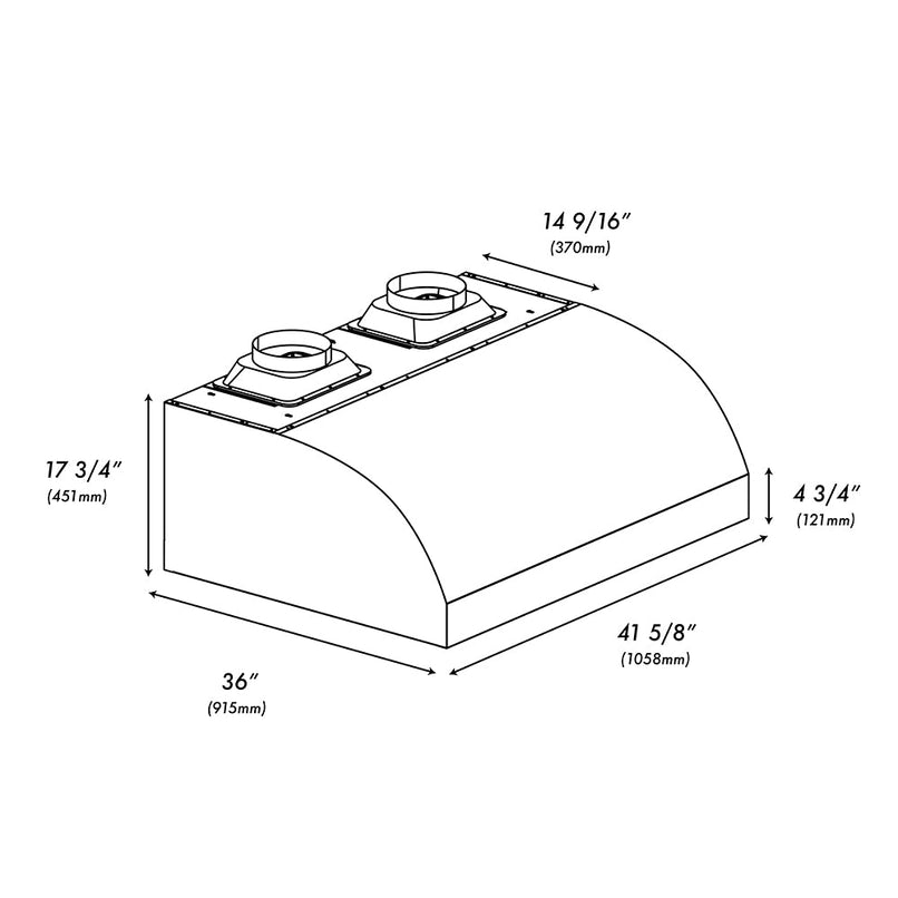 ZLINE 42 in. Under Cabinet Outdoor Grill Hood (GOU2-42) dimensional diagram.