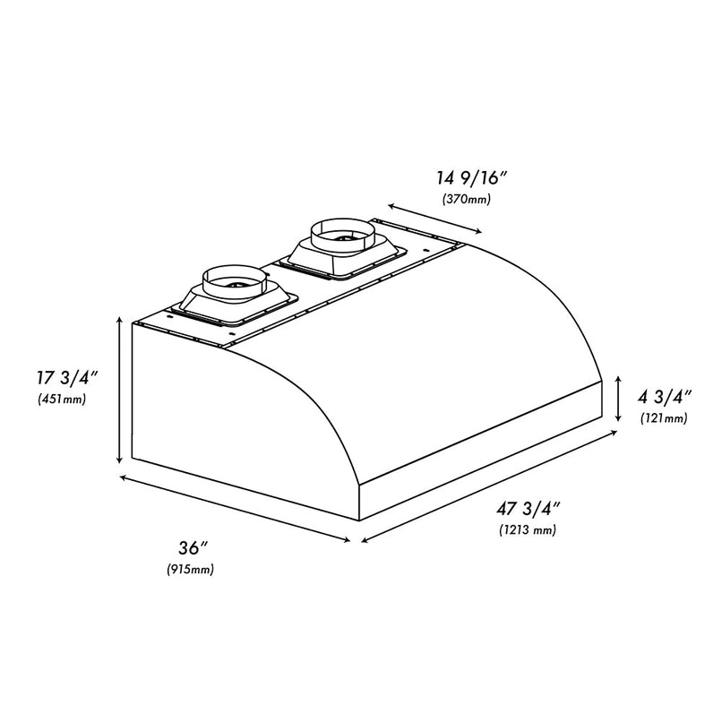 ZLINE 48 in. Under Cabinet Outdoor Grill Hood (GOU2-48) dimensional diagram.