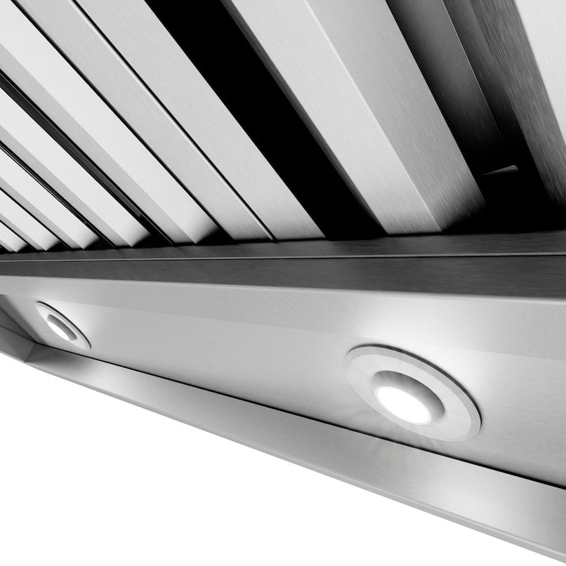 ZLINE 60 in. Wall Mount Outdoor Grill Hood (GOW1-60) close-up, built-in lights.