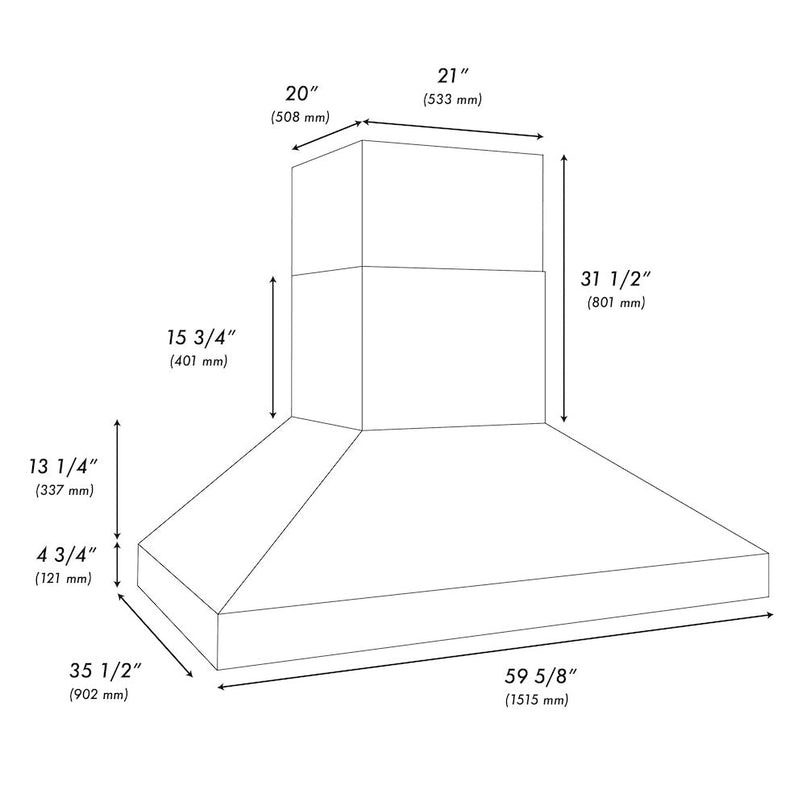 ZLINE 60 in. Wall Mount Outdoor Grill Hood (GOW1-60) dimensional diagram.