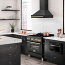 ZLINE 36 in. Black Stainless Steel Range Hood with Polished Gold Handle (BS655Z-36-G) in a luxury kitchen.