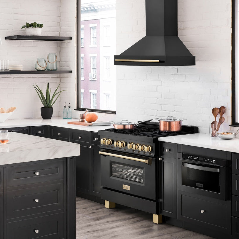 ZLINE 36 in. Black Stainless Steel Range Hood with Polished Gold Handle (BS655Z-36-G) in a luxury kitchen.