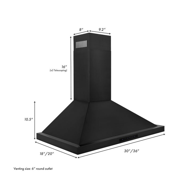 ZLINE 36 in. Convertible Vent Wall Mount Range Hood in Black Stainless Steel (BSKBN-36) dimensional diagram.