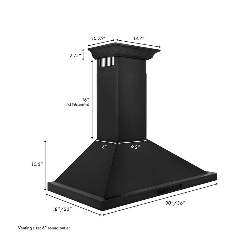 ZLINE 30 in. Convertible Vent Wall Mount Range Hood in Black Stainless Steel with Crown Molding (BSKBNCRN-30) dimensional diagram.