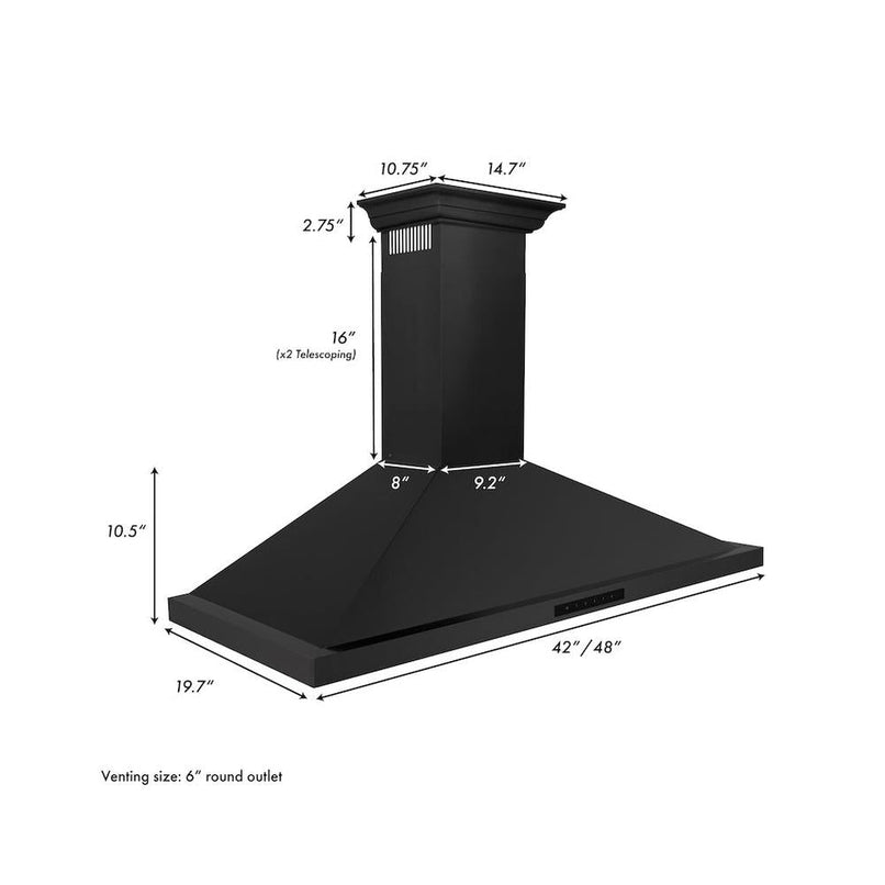 ZLINE 42 in. Convertible Vent Wall Mount Range Hood in Black Stainless Steel with Crown Molding (BSKBNCRN-42) dimensional diagram.