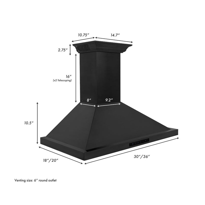 ZLINE 36 in. CrownSound™ Ducted Vent Wall Mount Range Hood in Black Stainless Steel with Built-in Bluetooth Speakers (BSKBNCRN-BT-36) dimensional diagram.