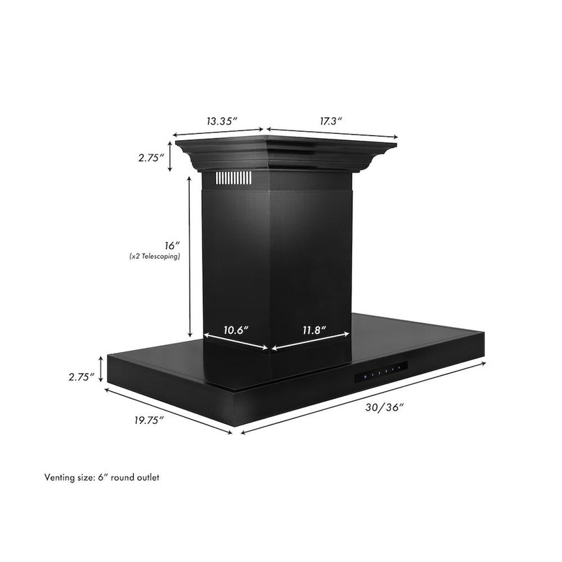 ZLINE 36 in. Convertible Vent Wall Mount Range Hood in Black Stainless Steel with Crown Molding (BSKENCRN-36) dimensional diagram.