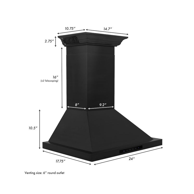 ZLINE 24 in. CrownSound™ Ducted Vent Wall Mount Range Hood in Black Stainless Steel with Built-in Bluetooth Speakers (BSKBNCRN-BT-24) dimensional diagram.