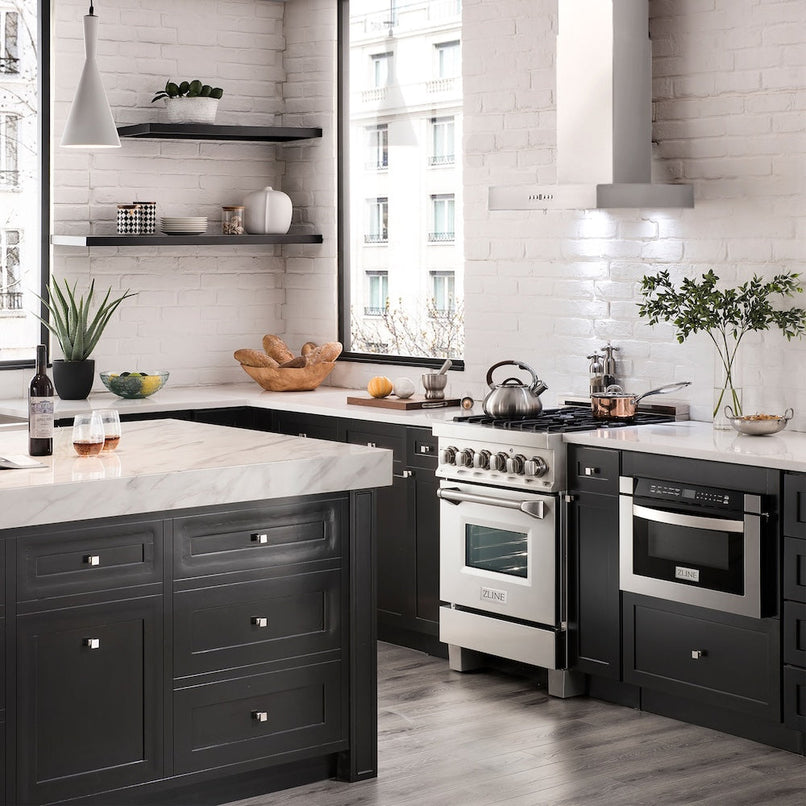 ZLINE 24 in. Convertible Vent Wall Mount Range Hood in Stainless Steel (KE-24) in a luxury kitchen.