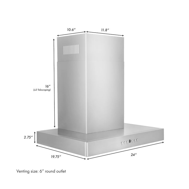 ZLINE 24 in. Convertible Vent Wall Mount Range Hood in Stainless Steel (KE-24) dimensional diagram.