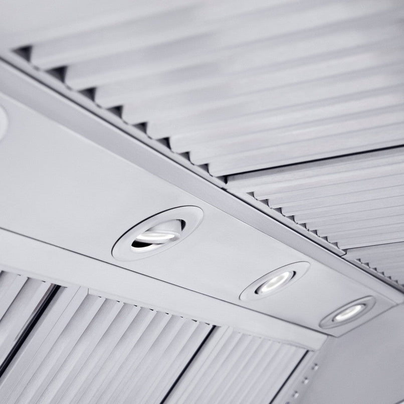 ZLINE 30 in. Professional Convertible Vent Wall Mount Range Hood in Stainless Steel with Crown Molding (587CRN-30) built-in lighting.