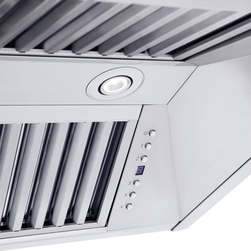 ZLINE 48 in. Professional Convertible Vent Wall Mount Range Hood in Stainless Steel with Crown Molding (587CRN-48) built-in lighting.