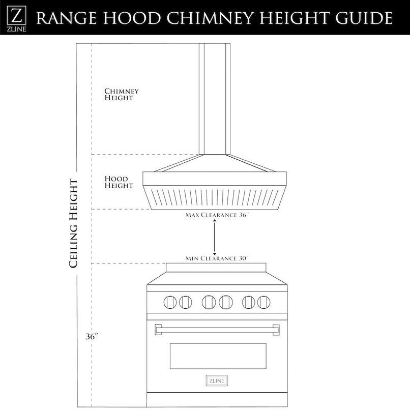 ZLINE 36 in. Convertible Vent Island Mount Range Hood in Stainless Steel and Glass (GL9i-36) chimney height guide.
