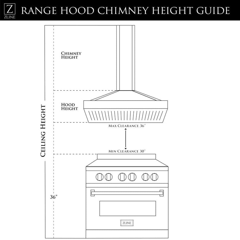 ZLINE 30 in. Convertible Vent Island Mount Range Hood in Stainless Steel and Glass (GL14i-30) chimney height guide.
