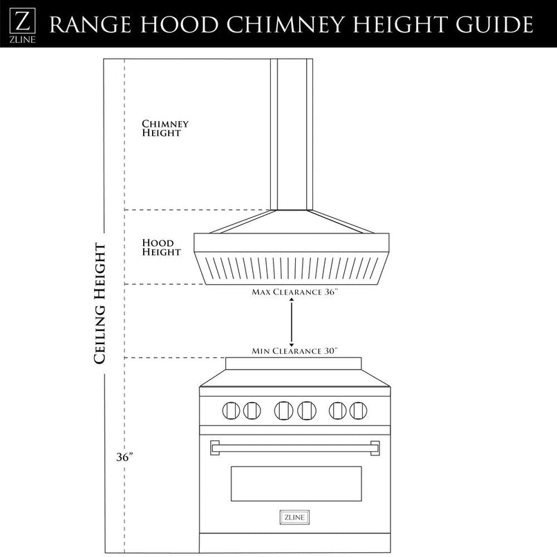 ZLINE 30 in. Designer Series Wall Mount Range Hood in Satin Stainless Steel with Mirror Accents (655MR-30) chimney height guide.