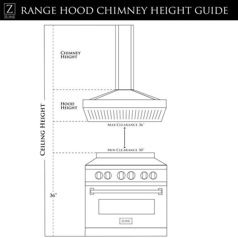 ZLINE 36 in. Convertible Vent Wall Mount Range Hood in Stainless Steel (KN6-36) chimney height guide.