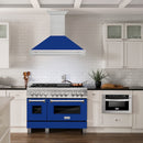 ZLINE 48 in. Satin Stainless Steel Wall Mount Range Hood with Blue Gloss Shell and Stainless Steel Handle (8654SNX-BG48) in a luxury kitchen.