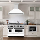 ZLINE Autograph Edition 48 in. Stainless Steel Range Hood with White Matte Shell and Matte Black Handle (8654STZ-WM48-MB) in a luxury kitchen.
