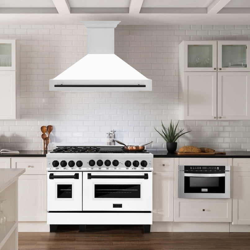ZLINE Autograph Edition 48 in. Stainless Steel Range Hood with White Matte Shell and Matte Black Handle (8654STZ-WM48-MB) in a luxury kitchen.