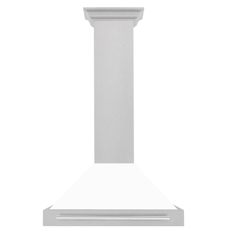 ZLINE 30 in. Convertible Satin Stainless Steel Wall Mount Range Hood with White Matte Shell and Stainless Steel Handle (KB4SNX-WM-30) front.
