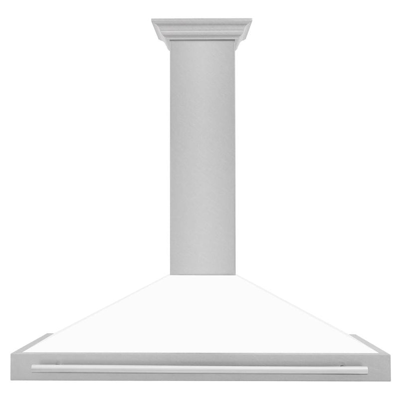 ZLINE 48 in. Convertible Satin Stainless Steel Wall Mount Range Hood with White Matte Shell and Stainless Steel Handle (KB4SNX-WM-48) front.