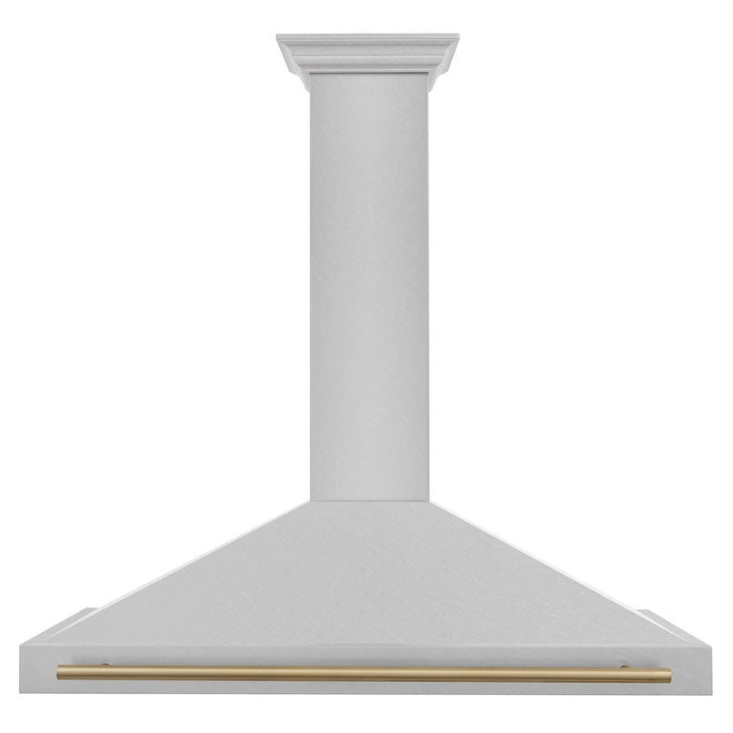ZLINE Autograph Edition 48 in. Convertible Satin Stainless Steel Wall Mount Range Hood with Champagne Bronze Handle (KB4SNZ-48-CB) front.