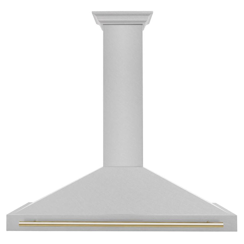 ZLINE Autograph Edition 48 in. Convertible Satin Stainless Steel Wall Mount Range Hood with Polished Gold Handle (KB4SNZ-48-G) front.