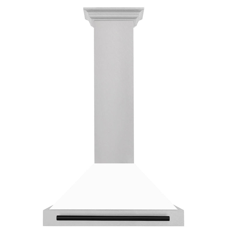 ZLINE Autograph Edition 30 in. Convertible Satin Stainless Steel Wall Mount Range Hood with White Matte Shell and Matte Black Handle (KB4SNZ-WM30-MB) front.
