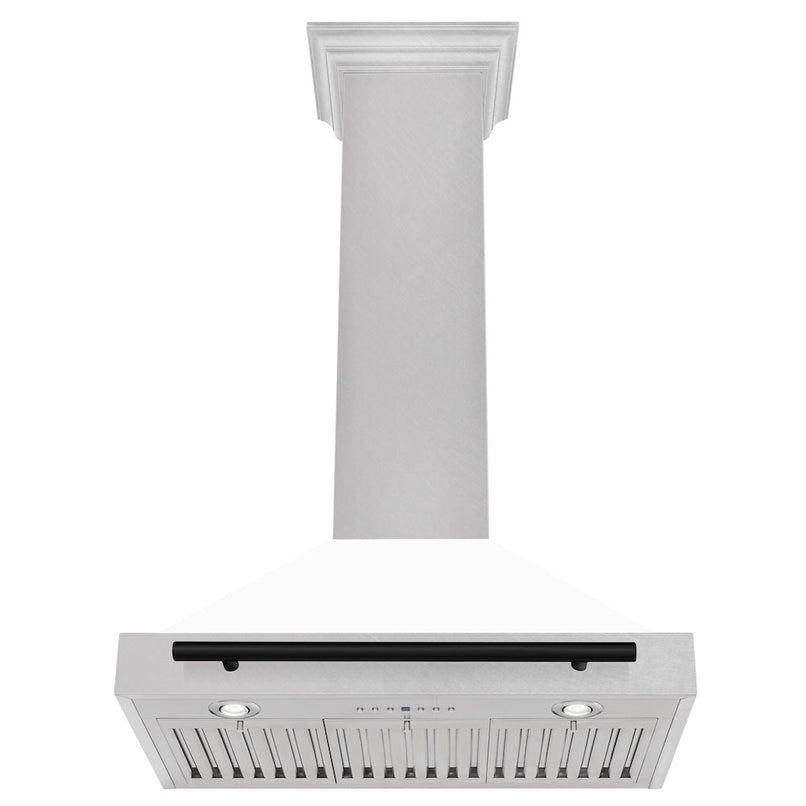 ZLINE Autograph Edition 30 in. Convertible Satin Stainless Steel Wall Mount Range Hood with White Matte Shell and Matte Black Handle (KB4SNZ-WM30-MB) under.