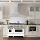 ZLINE Autograph Edition 48 in. Convertible Satin Stainless Steel Wall Mount Range Hood with Champagne Bronze Handle (KB4SNZ-48-CB) in a luxury kitchen.